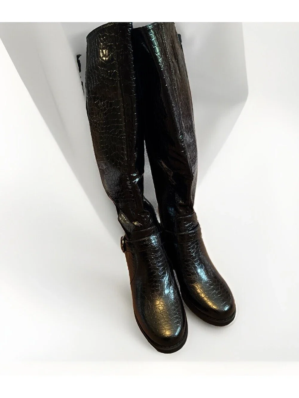 NIB Teaieui Black Knee High Stretchy Biker Boots Block Heel Ladies Size 6